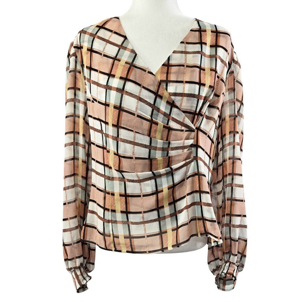 Cabi 6295 Whist Blouse Windowpane Plaid Multicolor Surplice Neck Faux Wrap